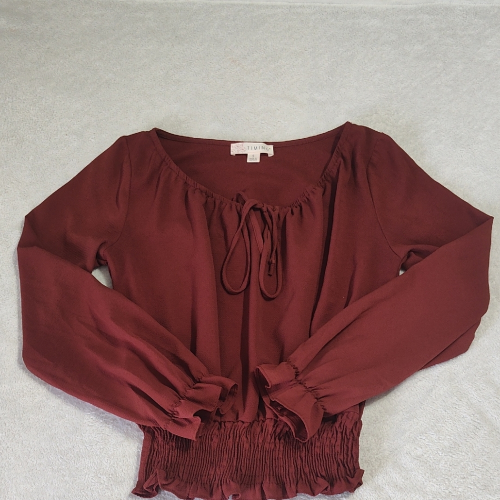 Timing Burgundy Blouse with Ruffle Hem